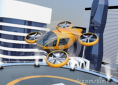 Orange self-driving passenger drone takeoff and landing on the helipad Stock Photo