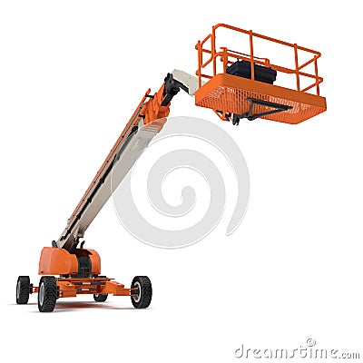 Orange self propelled articulated wheeled lift with telescoping boom and basket on white. 3D illustration Cartoon Illustration