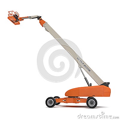 Orange self propelled articulated wheeled lift with telescoping boom and basket on white. 3D illustration Cartoon Illustration