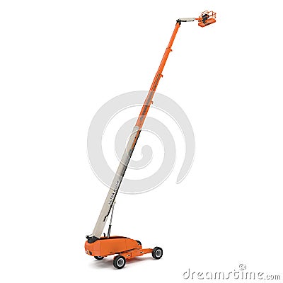 Orange self propelled articulated wheeled lift with telescoping boom and basket on white. 3D illustration Cartoon Illustration