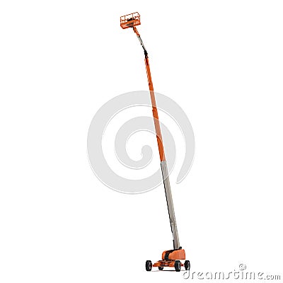 Orange self propelled articulated wheeled lift with telescoping boom and basket on white. 3D illustration Cartoon Illustration