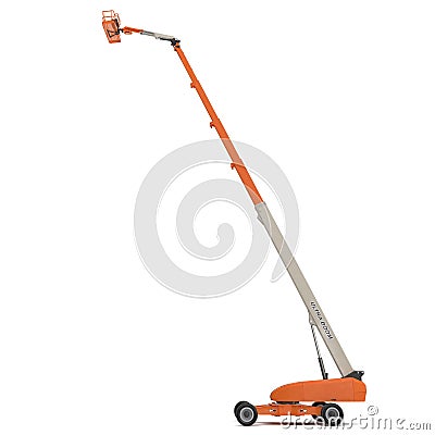 Orange self propelled articulated wheeled lift with telescoping boom and basket on white. 3D illustration Cartoon Illustration