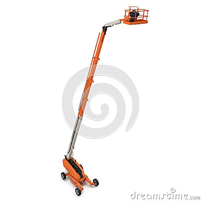 Orange self propelled articulated wheeled lift with telescoping boom and basket on white. 3D illustration Cartoon Illustration