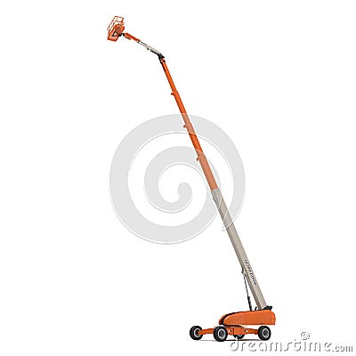 Orange self propelled articulated wheeled lift with telescoping boom and basket on white. 3D illustration Cartoon Illustration