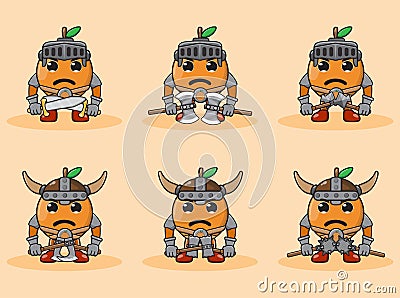 Illustration cartoon character of Orange fruit knight set 4 Dual Hand down Cartoon Illustration