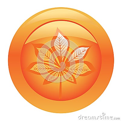 Orange shiny button with chestnut leaf Vector Illustration