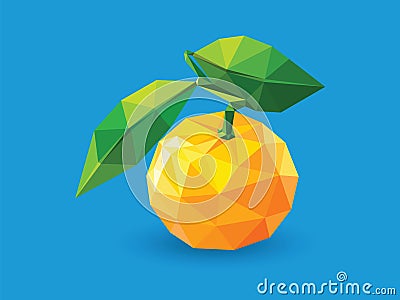 Orange with shiny green leaf on blue background, low polygon fruit Vector Illustration