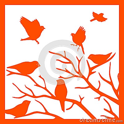 Orange silhouette in the frame, birds on a branch, on a white Vector Illustration