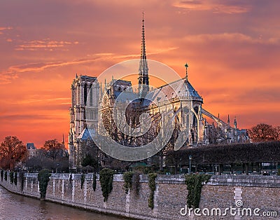 Orange Sky of Fire on Notre Dame de Paris Stock Photo