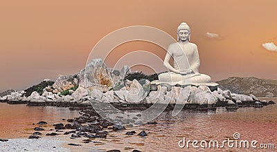 Orange sky and ocean are rock on the Buddha statue. Beautiful landscape island sun set time in nature wallpaper. Stock Photo