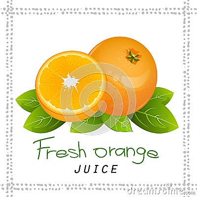 Orange slice fruit icon vector set. Realistic juicy orange with leaves Vector Illustration