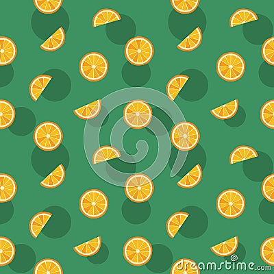 Orange slice on green background, seamless summer vector pattern. Fruit juicy vector print for apparel. fabric, textile Vector Illustration