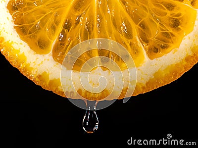 An orange, sliced and dripping with juice, indicates juiciness. Orange juice dripping from orange fruit. studio shot fruit with Stock Photo