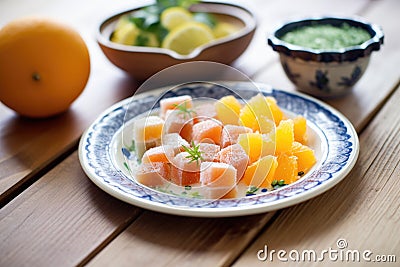 orange sliced turkish delight, citrus zest garnish, on an earthenware plate Stock Photo