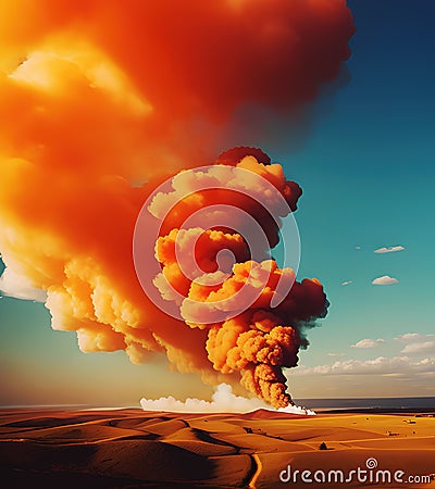 Orange smoke after explosion in deserted landscape, generative ai Cartoon Illustration