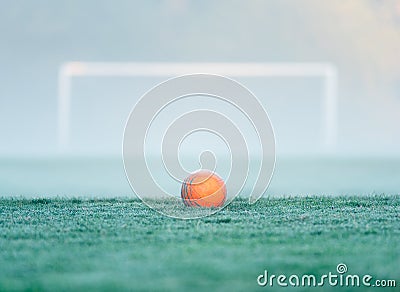 An orange soccer ball centered in front of an out of focus soccer goal Stock Photo