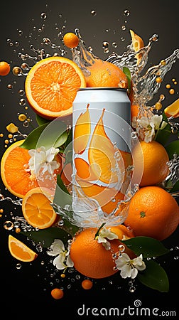Orange soda can descends, surrounded by fresh oranges, leaves, and flying slices Stock Photo