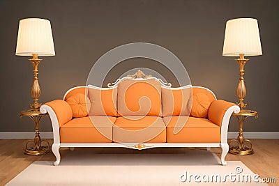 Orange sofa with lamp in the living room. Stock Photo