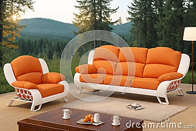 Orange sofa on the wooden floor. Forest in the background. Stock Photo