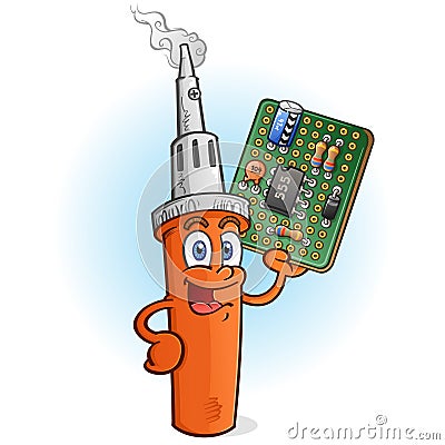 Soldering Iron Cartoon Character with Circuit Board PCB Vector Illustration