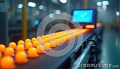 Orange spheres move on conveyor belt in factory. Ai-driven quality control system checks products. Automated inspection Stock Photo