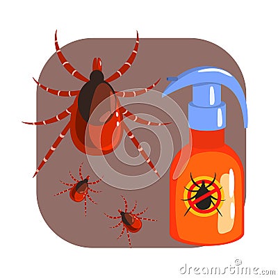 Orange sprayer of mite or tick insecticide and tick parasite. Colorful cartoon illustration Vector Illustration