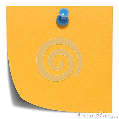 Orange square sticky note, with a blue pin, isolated Stock Photo