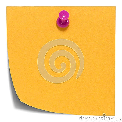 Orange square sticky note, with pink pin, isolated Stock Photo