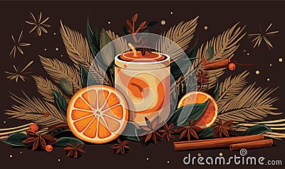 Orange, star anise and cinnamon vector background Vector Illustration