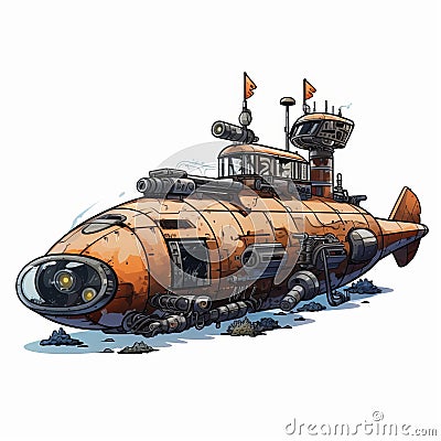 Gothic Steampunk Orange Submarine: Highly Detailed Illustration With Adventure Pulp Vibes Stock Photo