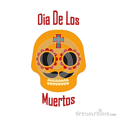 Orange sugar skull on white background. Dia de los Muertos Vector Illustration