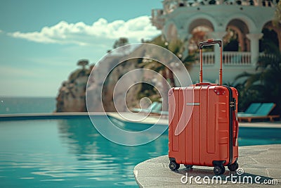 Orange suitcase by the pool in a tropical hotel atrium. Stock Photo