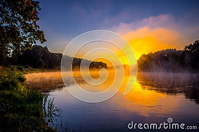 Orange sunrise, river landscape Stock Photo