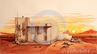 Orange Sunset House Painting In Comic Art Style Stock Photo
