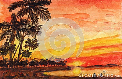 Orange sunset palms ocean watercolor illustration Cartoon Illustration