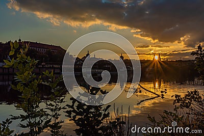 Sunset in Roudnice nad Labem town with old church and towers with Labe river Editorial Stock Photo