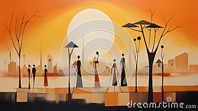 Orange Sunset: A Serene And Harmonious Ndebele Art Painting By Lisa Fyodorova Stock Photo