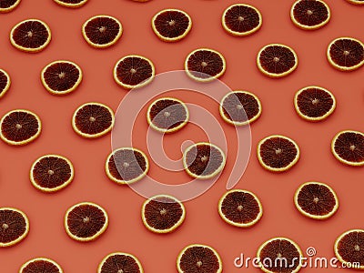 Orange surface covered with graipfruit slices, fruit geometric background, flatlay, 3d rendering Stock Photo