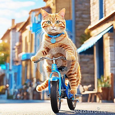 An Orange Tabby Cat Riding a Bike Stock Photo