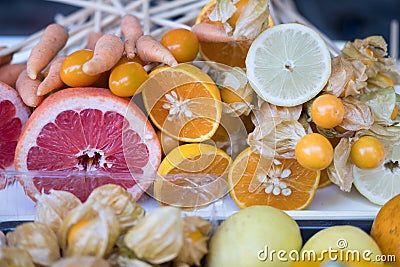 orange on table for making bouquet. fruit arrangement Stock Photo