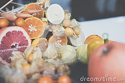 orange on table for making bouquet. fruit arrangement Stock Photo