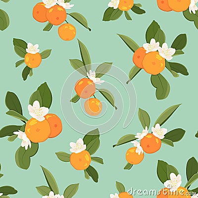 Orange tangerine mandarin clementine green leaves seamless pattern on green blue background. Organic bio healthy food. Vector Illustration