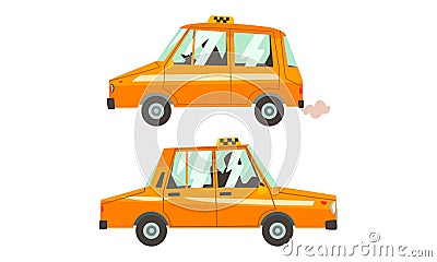 Orange Taxi Cab as Vehicle for Public Hire Vector Set Vector Illustration