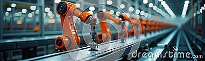 Orange tech robots work on assembly line in modern factory. Automated equipment performs precise tasks. Components move along Stock Photo