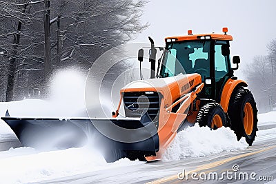 Orange tractor cleans up snow from the road. Cleaning and removal of roads in the city from snow in winter after snowfall. Stock Photo