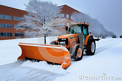 Orange tractor cleans up snow from the road. Cleaning and removal of roads in the city from snow in winter after snowfall Stock Photo