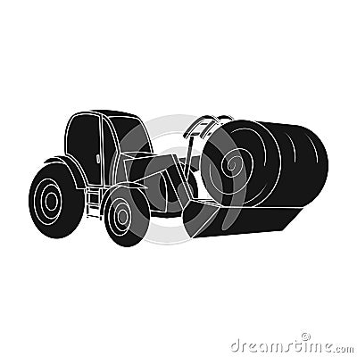 Orange tractor with a ladle transporting hay bale. Agricultural vehicles.Agricultural Machinery single icon in black Vector Illustration