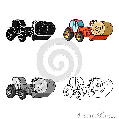 Orange tractor with a ladle transporting hay bale. Agricultural vehicles.Agricultural Machinery single icon in cartoon Vector Illustration