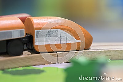 Orange train Wooden toy - Toys for kids Play set Educational toy Stock Photo