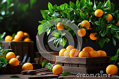 Orange tree in a rustic farm setting with old wooden crates and tools, illustrated in a scene where the tree is part of a rustic Stock Photo